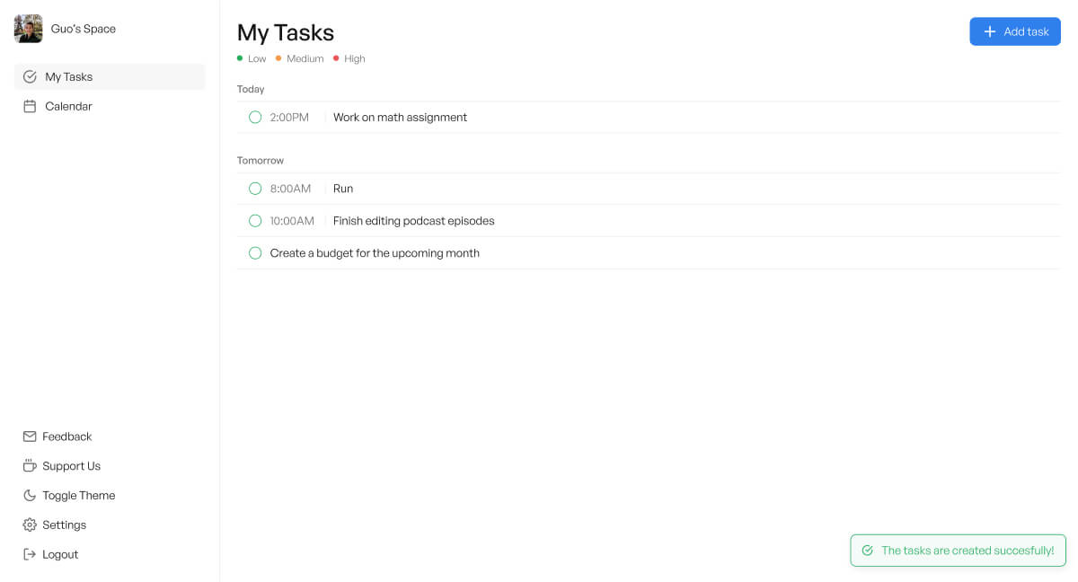 1st version of Inko Cat, a productivity tool. There's a side navigation with a list of tasks sorted by date