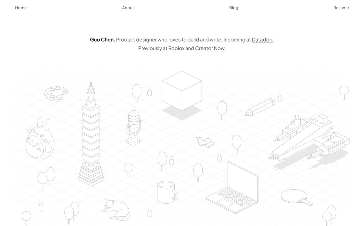 Guo's portfolio home page with centered aligned intro and an isometric illustration of different objects below