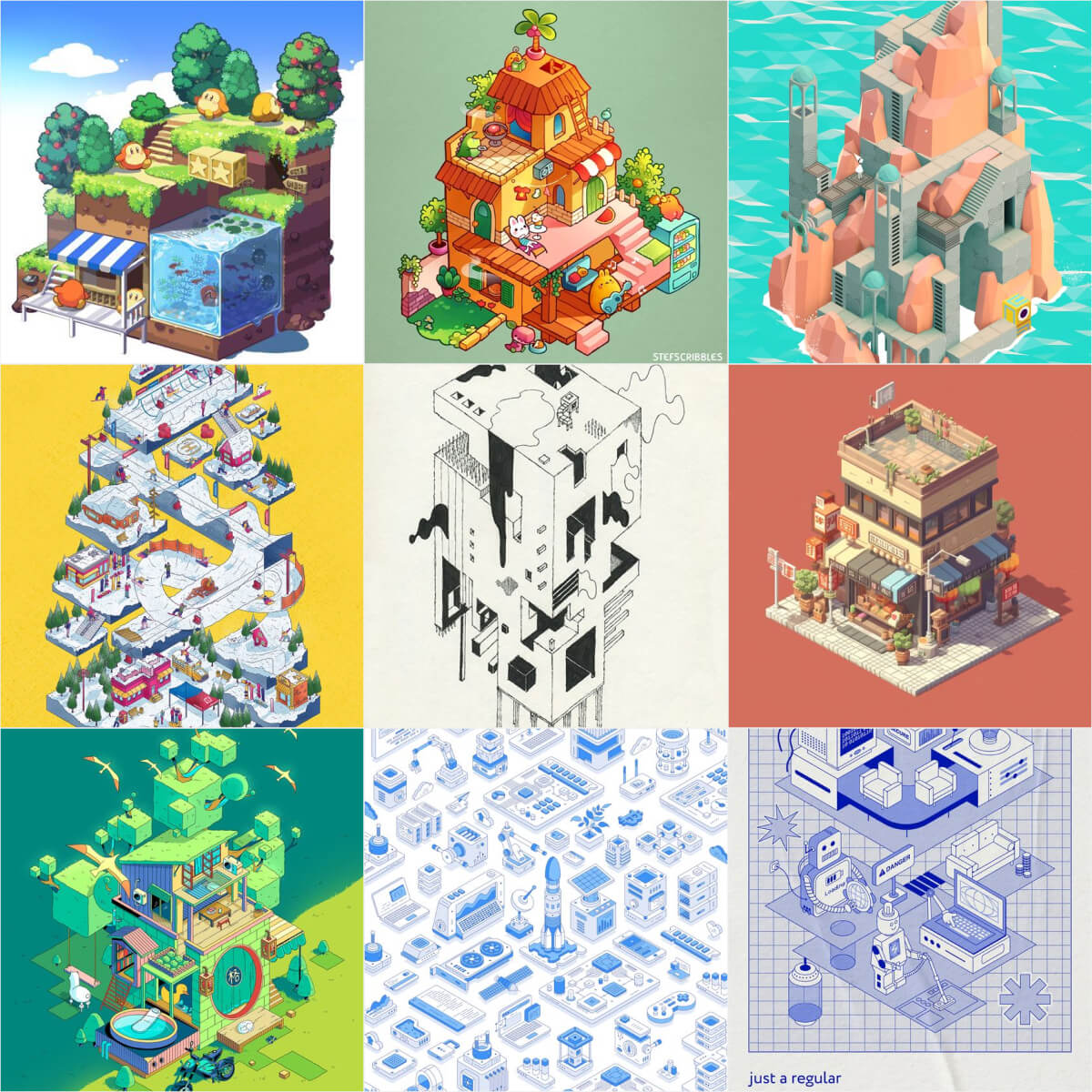 A gallery of different pixel art illustrations