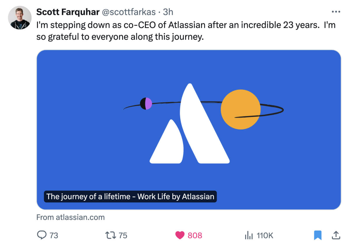 Atlassian CEO sharing an article on Twitter