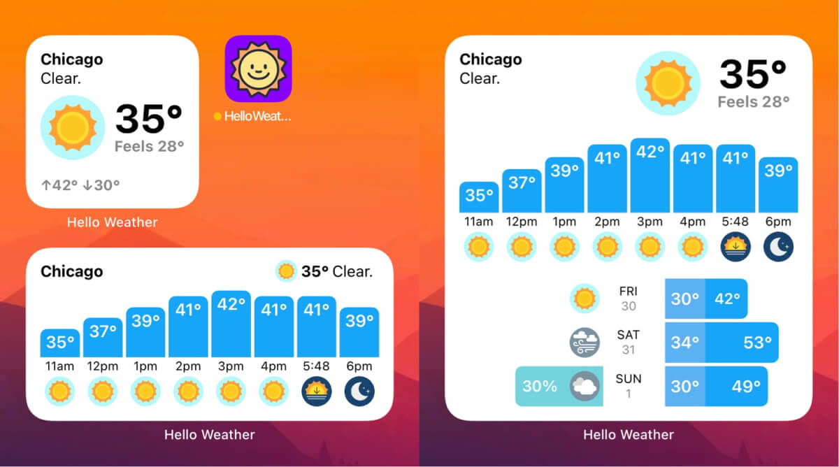 Different iOS widgets for Hello Weather app