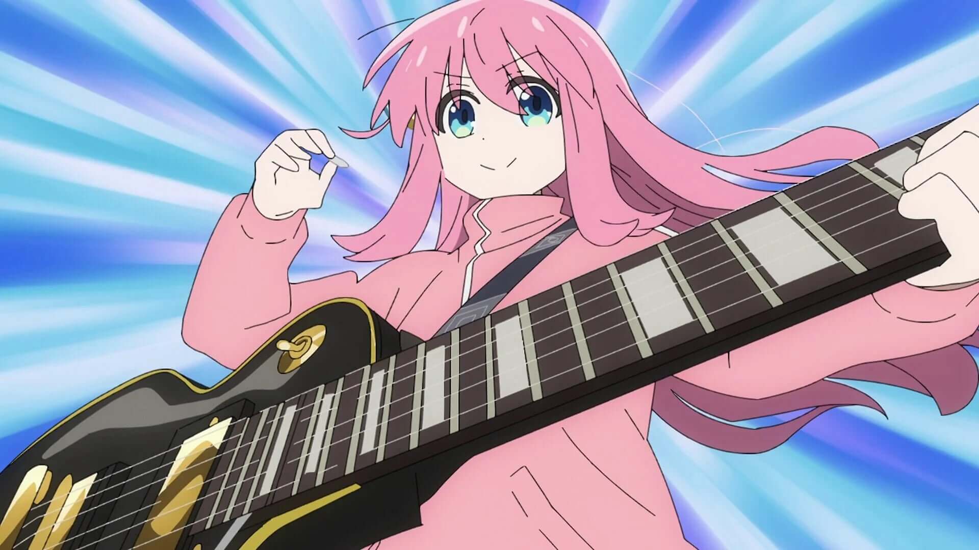 Bocchi smiling and confidently playing her guitar in the anime Bocchi the Rock